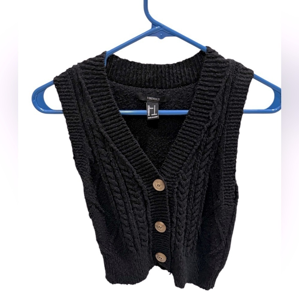 Forever 21 Black Cable Knit Cardigan Vest Button Front Women’s Size Small
